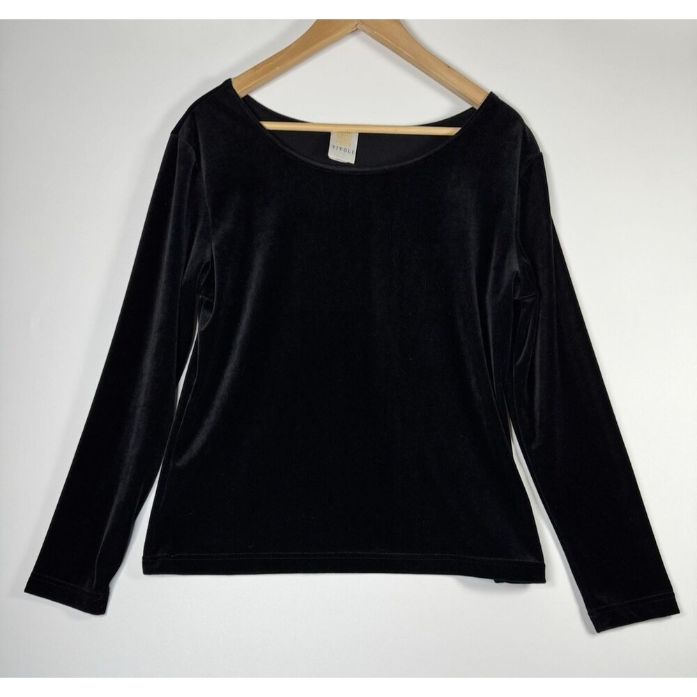 Vivola Velvet Top Womens Large Black Long Sleeve Knit Velour USA Made Plush